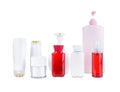 Collection of various beauty cosmetic hygiene containers plastic bottle with body moisturising on white background