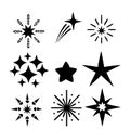A collection of various black star shapes and sparkle designs isolated on white Royalty Free Stock Photo