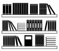 Collection of various books on a shelf. Bookcase. Silhouette.