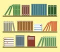 Collection of various books on a shelf. Vector.