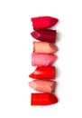 Collection of broken lipstick make up on white background. Make up artist, beauty salon, beauty blog concept