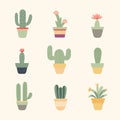 Collection of various cacti in colorful pots. Minimalist cactus set design. Desert plants and succulents vector