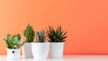 Collection of various cactus and succulent plants in different pots. Potted cactus house plants on white shelf. Royalty Free Stock Photo