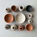 A collection of various ceramic pots and bowls arranged on a light gray Royalty Free Stock Photo