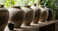 Assortment of Ceramic Vases and Pots on a Wooden Shelf pottery earthenware Royalty Free Stock Photo