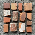 Collection of various clay brick samples displayed on a rough concrete Royalty Free Stock Photo
