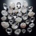 A collection of various clear quartz crystals displayed on a reflective dark surface. Th Royalty Free Stock Photo
