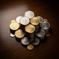 A collection of various coins stacked and scattered on a wooden surface Royalty Free Stock Photo