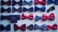 Collection of various color and patterned bow ties arranged on white background Royalty Free Stock Photo