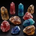 A collection of various colored crystals, including red, blue, and brown, displayed on a Royalty Free Stock Photo