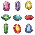 Collection various colorful gemstones cartoon style. Nine different gems, crystals perfect game