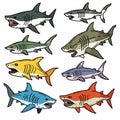 Collection various colorful sharks cartoon style isolated white background. Eight different sharks