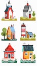 Collection various colorful simple houses buildings illustrations. Graphic style structures