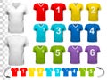 Collection of various colorful soccer jerseys with numbers.