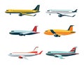 Collection of various commercial passenger airplanes in flight and on ground. Side view of different airlines and