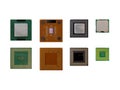 Collection of various computer processor chips isolated on white background, showing different cpu types, architecture, and modern Royalty Free Stock Photo