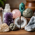 A collection of various crystals and minerals arranged on a wooden surface Royalty Free Stock Photo