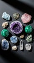 A collection of various crystals and minerals displayed on a dark surface. Central is an Royalty Free Stock Photo