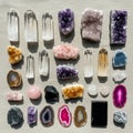 A collection of various crystals and minerals displayed on a flat surface Royalty Free Stock Photo