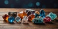 Collection of Various Crystals and Minerals on Wooden Table. Royalty Free Stock Photo