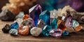 Collection of Various Crystals and Minerals on Wooden Table. Royalty Free Stock Photo