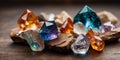 Collection of Various Crystals and Minerals on Wooden Table. Royalty Free Stock Photo