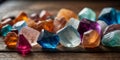 Collection of Various Crystals and Minerals on Wooden Table. Royalty Free Stock Photo