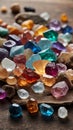 Collection of various crystals and minerals on wooden table. Royalty Free Stock Photo