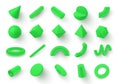 Collection of various 3d green geometric shapes vector illustration in realistic isometry style