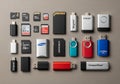 A collection of various data storage devices is arranged on a flat surface. The assortment includes Royalty Free Stock Photo