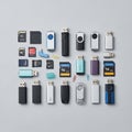 A collection of various data storage devices arranged on a light gray surface Royalty Free Stock Photo