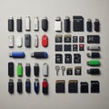 A collection of various data storage devices is arranged neatly on a surface Royalty Free Stock Photo