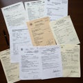 A collection of various documents laid out on a wooden surface, featuring printed text Royalty Free Stock Photo