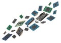 Collection of various electronic circuit boards and components arranged on a white background Royalty Free Stock Photo