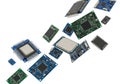 Collection of various electronic circuit boards and microchips arranged on a white background Royalty Free Stock Photo