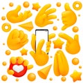 Collection of various emoji yellow hand symbols with prayer sign, smartphone swipe and other gestures. 3d cartoon style