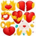 Collection of various emoji yellow hand symbols with red hearts, key, envelope. 3d cartoon style