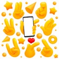 Collection of various emoji yellow hand symbols with smartphone, victory, goodbye signs and other gestures. 3d cartoon style.