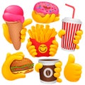 Collection of various emoji yellow hand symbols with soda, burger, ice cream, donut. 3d cartoon style