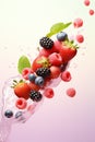 Collection of various falling fresh ripe wild berries on light background. Raspberry, blackberry and blueberry. Vertical Royalty Free Stock Photo