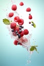 Collection of various falling fresh ripe wild berries on light blue background. Raspberry, blackberry and blueberry Royalty Free Stock Photo