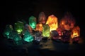 a collection of various glowing radioactive minerals in a dark setting