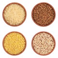 Collection of various grains in bowls isolated on white background. Set of cereals- buckwheat, rice, bulgur, quinoa . Top view