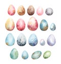 Collection of various hand painted watercolor eggs of different shapes and sizes on white background