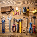 Assortment of Hand Tools and Leather Pouch Arranged on a Wooden Surface workshop repair Royalty Free Stock Photo