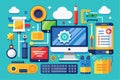 A collection of various hardware and software icons showcases technology themed around innovation and functionality, Flat Royalty Free Stock Photo