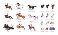 Collection of various horse gaits and tools for horseback riding or equestrianism isolated on white background