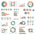 A collection of various infographic elements featuring bar graphs, pie charts
