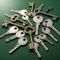 A collection of various keys is spread across a green fabric backdrop. The assortmen Royalty Free Stock Photo