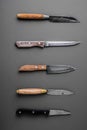 Collection of various kitchen knives on a grey background Royalty Free Stock Photo